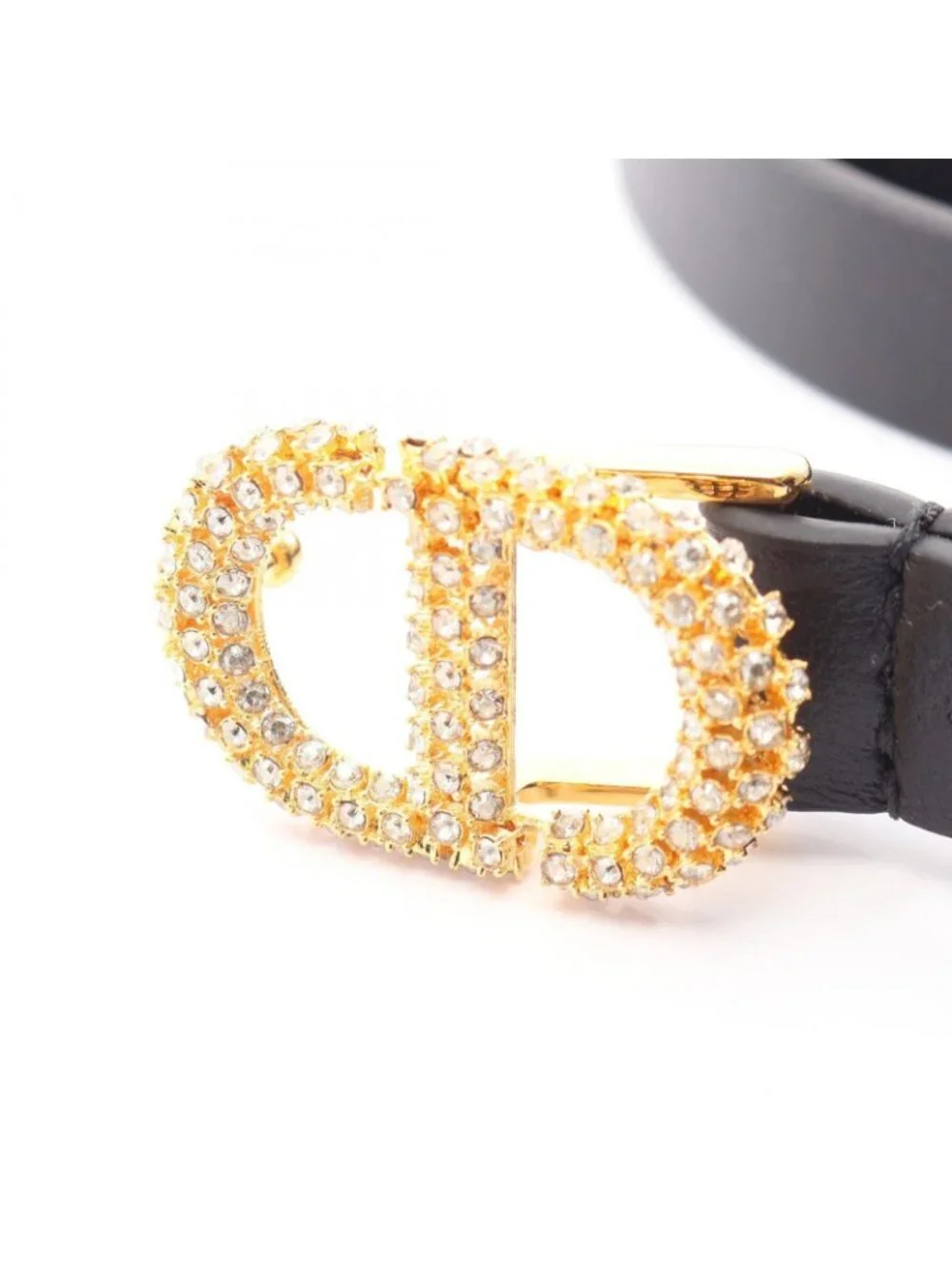 Dior Belt CD Logo Buckle Rhinestone Gold Leather